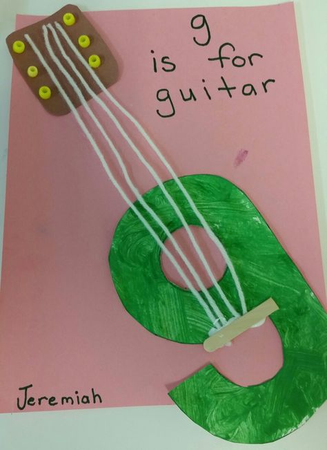 G is for guitar. Easy preschool alphabet craft. From the Firefly class. G Is For Guitar Craft, G For Guitar Craft, Letter E Activities For Preschoolers, G Craft For Preschool, G Craft Preschool, Lowercase G Craft, G Is For Craft Preschool, G Art For Preschool, Letter G Is For