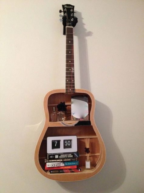 Musically Inspired Furniture And Decorations For Your Home Furniture Thrifting, Decor Upcycle, Guitar Shelf, Music Furniture, Guitar Display, Upcycling Furniture, Dekor Diy, Guitar Wall, Upcycling Ideas