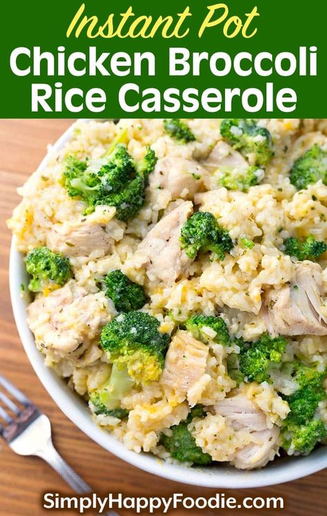 Instant Pot Chicken Broccoli Rice Casserole is a delicious one pot comfort food meal. It's easy to make this yummy pressure cooker Chicken Broccoli Rice Casserole. Instant Pot recipes by simplyhappyfoodie.com #instantpochickenrecipes Broccoli Rice Casserole Instant Pot, Rice Casserole Instant Pot, Instant Pot Chicken Broccoli Rice, Casserole Instant Pot, Chicken Broccoli Rice Casserole, Chicken Broccoli Rice, Crockpot Ideas, Broccoli Rice Casserole, Rice Casserole Recipes