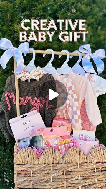 Kerra Lynn Looks on Instagram: "This baby gift DIY is SO cute, SO easy, and will make the baby’s arrival SO special 💕  Save if you know any expecting mamas!🍼  Poles, pink paper fluff, & ribbon: @michaelsstores  Basket: @tjmaxx  Outfits: @marshalls & @tjmaxx  Mom gifts: @marshalls @riposocoffeeroasters @twiningsusa @burtsbees  Zip ties: @amazon   #babygift #babygirl #newbaby #newbabygift #namesweater #mom #momgifts #babyshower #babyshowergift #giftideas #diy #giftidea #newmom #giftinspo" Tjmaxx Outfits, Tj Maxx Clothes, Creative Baby Gifts, Bebe Video, Diy Baby Gifts, Gift Inspo, Gift Diy, Zip Ties, Pink Paper