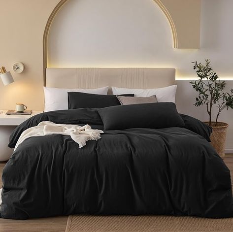 Amazon.com: JIYUAN 100% Washed Cotton Duvet Cover Set Comfy Simple Style Soft Breathable Textured Durable Linen Feel Bedding for All Seasons Queen, Solid Black : Home & Kitchen Black Duvet Cover Bedroom, Wrinkled Fabric, Black Duvet, Black Duvet Cover, Wine Rack Storage, Work Space Decor, Xmas Wishlist, Black Home, Plush Dog Toys