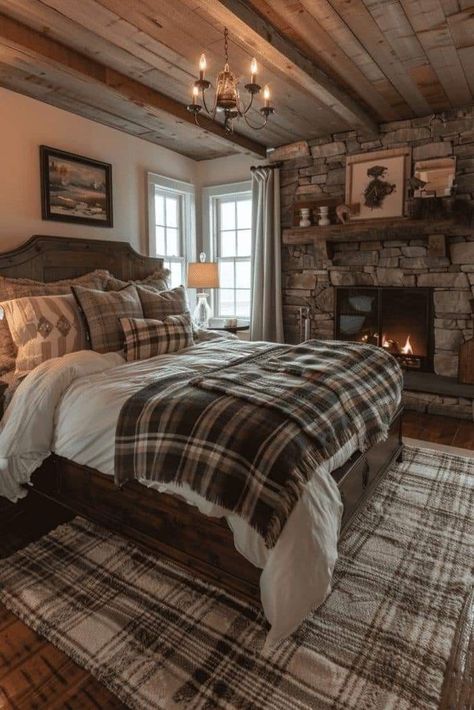 Forest House Decor Interior Design, Country Rustic House Decor, Clean Farmhouse Bedroom, Antique Rustic Bedroom, Rustic Country Farmhouse Decor Master Bedrooms, Cozy Farmhouse Master Bed, Master Bedrooms Decor Western, Western Home Decor Small House, Western Ranch Bedroom