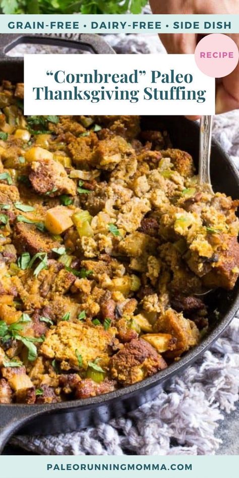 This savory and sweet “cornbread” Paleo Thanksgiving Stuffing is for all of you who want to keep with clean but still crave some bread in your stuffing! A grain-free, dairy-free sweet potato bread is cubed and baked with sausage, apples, celery and onion, mushrooms, pecans and herbs for a delicious, filling and healthy Thanksgiving stuffing reminiscent of the classic. Healthy Thanksgiving Stuffing, Paleo Thanksgiving Stuffing, Grain Free Stuffing, Paleo Cornbread, Paleo Stuffing, 2023 Thanksgiving, Whole30 Lunch, Sweet Potato Cornbread, Thanksgiving Side Dishes Healthy