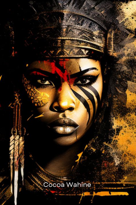 Despite Zahzara's fearsome reputation, she is a warrior who is also deeply connected to her culture and heritage. Her armor and weapons are adorned with traditional African motifs and symbols, a tribute to her roots and a testament to her pride in her people. Black Female Warrior Art, Black Warrior Woman, African Female Warrior, Africa Warrior, African Warrior Art, Black Female Warrior, African Warrior Tattoos, African Illustration, African Motifs