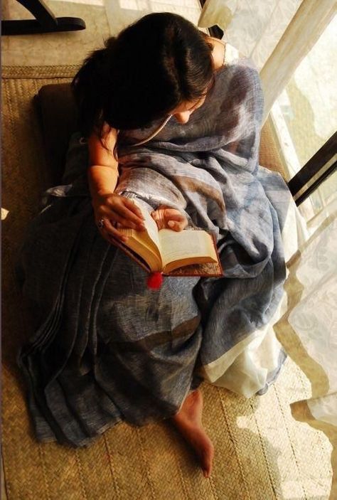 Cute Poses, A Woman, Saree, Reading