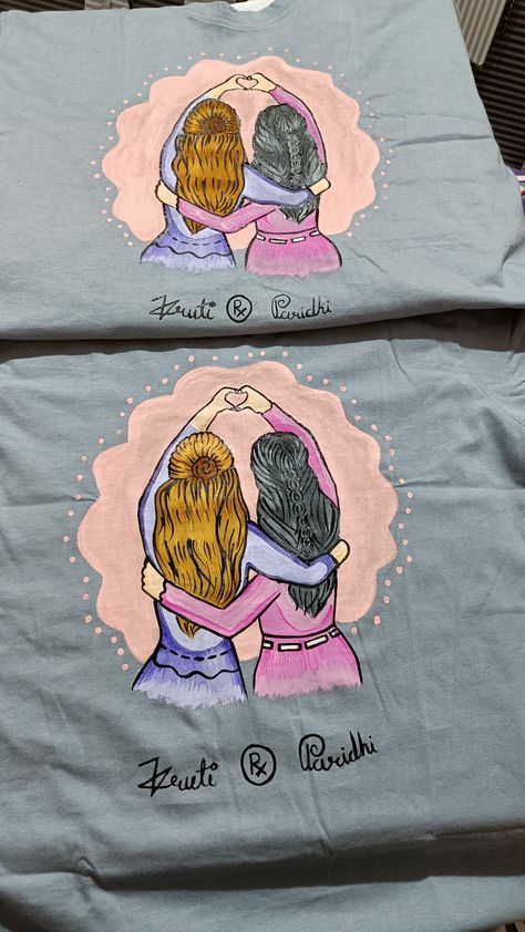 febric painting on t shirt for besties Painting On T Shirt, Twin Tshirts, Bro Code, Shirt Painting, Birthday Painting, Tshirt Painting, Painting Competition, T Shirt Painting, Paint Design