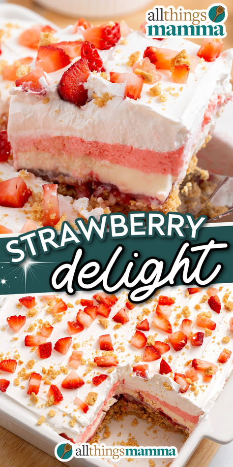 collage image of Strawberry Delight. Strawberry Graham Cracker Cake, Strawberry Delight No Bake Dessert, Strawberry Cool Whip Desserts, Strawberry No Bake Dessert, Strawberry Graham Cracker Dessert, No Bake Strawberry Desserts, Strawberry Delight Recipe, Strawberries Cheesecake, Graham Cracker Dessert