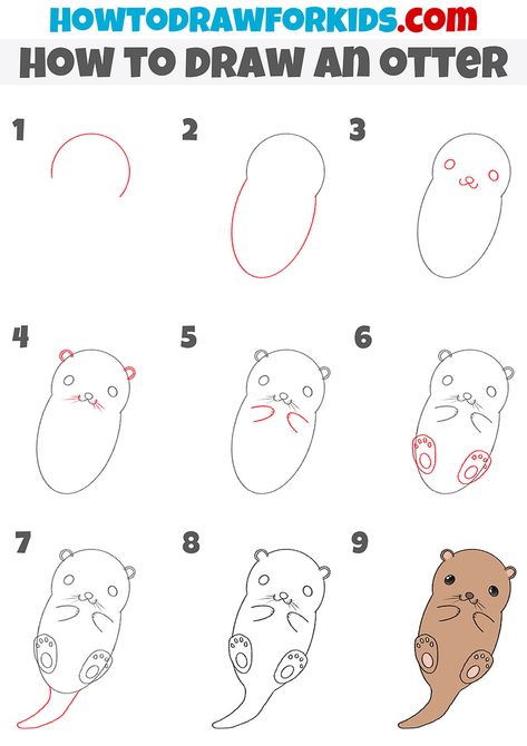 Otter Step By Step Drawing, Preschool How To Draw, Kawai Drawing Easy, Otter Drawing Tutorial, Otter Doodle Easy, Cute Otter Drawing Easy, How To Draw Woodland Animals Step By Step, Simple Animal Drawings Step By Step, Simple Otter Drawing