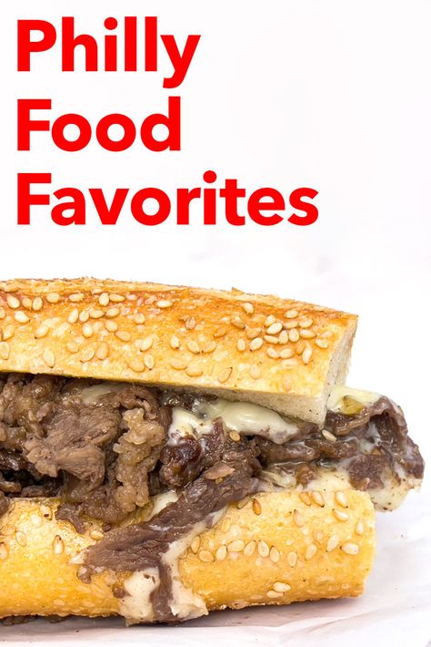 Pinterest image: photo of a cheeseteak sandwich with caption reading "Philly Food Favorites" Philadelphia Cheesesteak, Philadelphia Food, Roast Pork Sandwich, Philadelphia Restaurants, Philly Cheesesteaks, Philadelphia Recipes, Philly Food, Visit Philadelphia, Quick Food