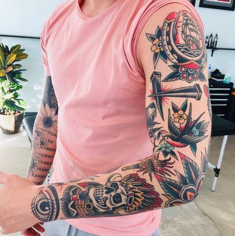 Old School Tattoo Sleeve, Man With Tattoos, Many Tattoos, Traditional Tattoo Old School, Christian Sleeve Tattoo, Traditional Sleeve, Tattoo Old School, Traditional Tattoo Sleeve, Leg Sleeve Tattoo