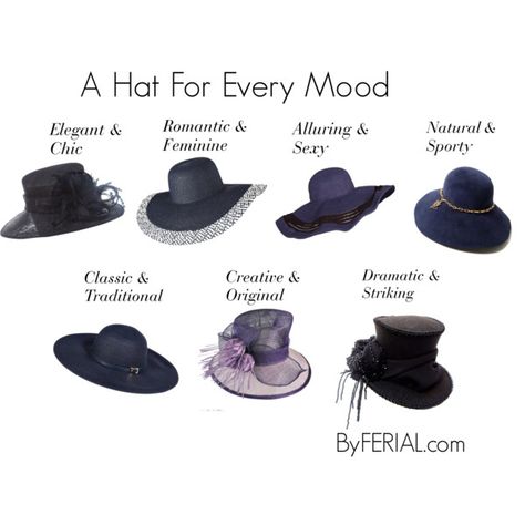 "A Hat For Every Mood" by ferialyouakim on Polyvore Dramatic Hats, Different Hat Styles, Dramatic Classic, Fashion Vocabulary, Classic Hats, Color Analysis, Elegant Chic, Classic Dress, Playing Dress Up