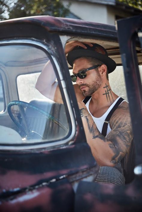 Editorial shoot for @americana_mag Photo: @mmfoto99 Margaret Malandruccolo HMU: @beautybybethany Styling: Katie Clifford Modeling agency: @brand_models #necktattoos #rockabilly #americana #vintagetrucks #tattoos #malemodels #oldtrucks #musicians #editorialphotoshoot #mensstyle #brandmodels #the50s #models #photoshoot #vintage #retro #classictrucks #testshoot #conceptshoot #editorialshoot #production #americanamag #inkedmodels Weston Boucher, Photoshoot Vintage, Old Truck, Editorial Shoot, Men Photoshoot, Modeling Agency, Its A Mans World, Brand Model, Male Poses