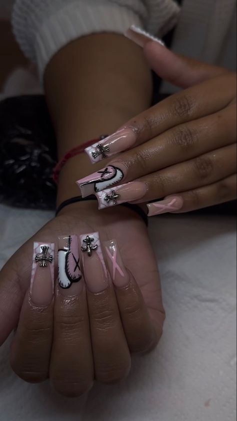 Kaws Nails Design Short Pink, Kaws Nails Simple, Nail Inspo Kaws, Pink Kaws Acrylic Nails, Kaws Freestyle Nails, Kaws X Chrome Hearts Nails, Kaws Set Nails, Cute Nail Designs Y2k, Kaws Nails With Charms