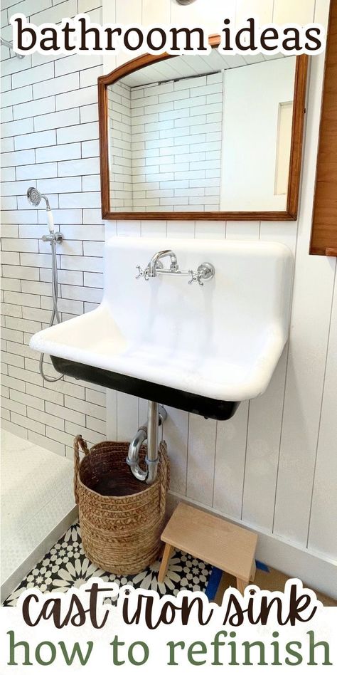 Looking for bathroom ideas? A bathroom remodel, especially in a small bathroom, can be elevated by restoring original features like a cast iron bathroom sink. Whether you're aiming for a modern or farmhouse bathroom vibe, refinishing a bathroom sink offers timeless charm. Learn how easy it is to makeover a cast iron sink in this guide! Discover the best bathroom inspiration on a budget and check out the before and after of this budget-friendly transformation of a vintage high back sink. Vintage Wall Mount Sink, Cast Iron Bathroom Sink, Diy Bathroom Sink, Sink Makeover, Modern Industrial Bathroom, Sink Remodel, White Bathrooms, Vintage Sink, Cast Iron Sink