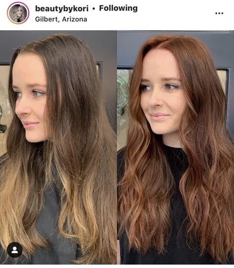 Auburn Hair For Neutral Skin Tone, Light Brown To Auburn Hair, Red In Light Brown Hair, Light Auburn Brunette Hair, Light Brown To Red Hair Before And After, Light Brown Hair To Red, Copper Semi Permanent Hair Color, Auburn Hair Before And After, Light Brown Vs Dark Brown Hair