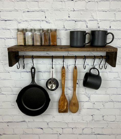 Versatile Wooden Kitchen Shelf Organizer with Hanging Utensil Holder | MakerPlace by Michaels Kitchen Organization Utensils, Kitchen Shelf Organizer, Hanging Utensil Holder, Kitchen Utensil Hanger, Spice Rack Kitchen, Wooden Shelves Kitchen, Utensil Hanger, Kitchen Shelves Organization, Shelf Organizer