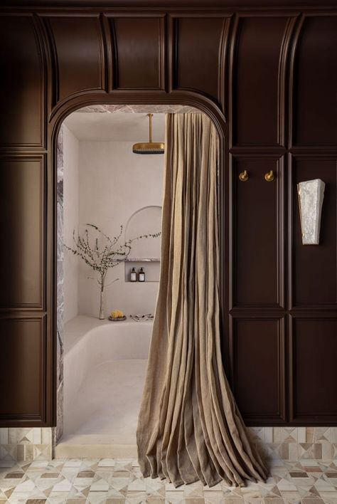 urbanology designs dallas showhouse Brown Small Bathroom Ideas, Architectural Digest Bathroom, Shower Niche Ideas, Small Bathroom Paint Colors, Best Bathroom Colors, Small Bathroom Paint, City Bathrooms, Tile Colors, House Renovation Projects