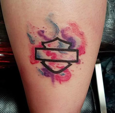 Harley Davidson watercolor tattoo Womens Harley Davidson Tattoos, Female Harley Davidson Tattoos, Minimalist Harley Davidson Tattoo, Feminine Harley Davidson Tattoos, Harley Davidson Bar And Shield Tattoo, Small Harley Davidson Tattoos, Harley Davidson Memorial Tattoos, Harley Tattoos For Women, Harley Davidson Tattoos For Women