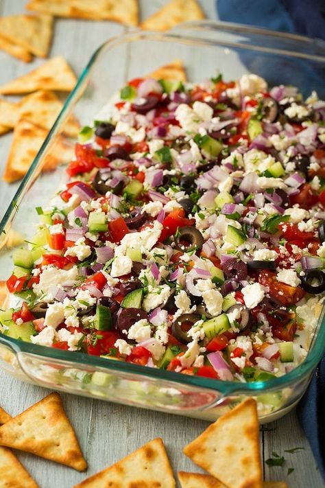 Savory Dip Recipes, Greek Dip, Geoffrey Zakarian, Seven Layer Dip, Layer Dip, Veggie Pizza, Homemade Guacamole, Homemade Hummus, Cooking Classy