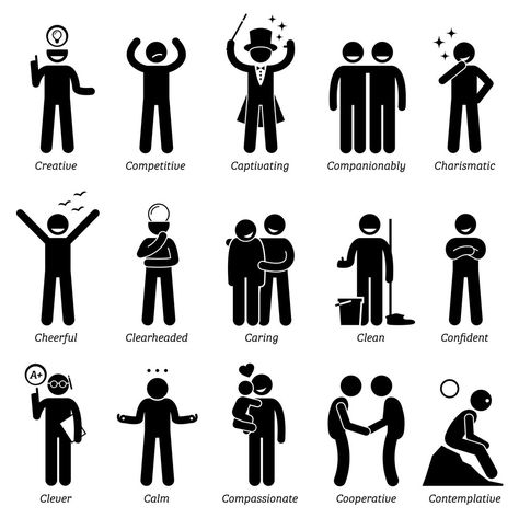 Personality List, Entrepreneurship Quotes Motivation, Character Emotions, Positive Personality, Positive Personality Traits, Stickers Notes, People Silhouette, Hand Positions, Pictogram Design