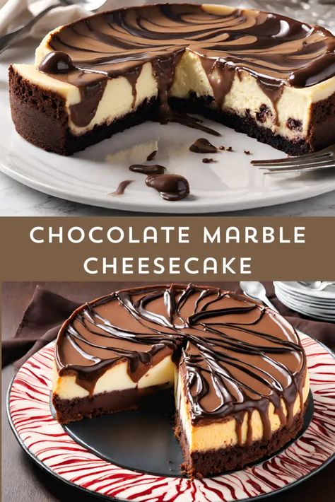 "Indulge in heavenly bliss with our Chocolate Marble Cheesecake! ???????? This decadent treat combines the rich flavors of velvety chocolate and creamy cheesecake, creating a mesmerizing swirl of delight. Perfect for satisfying your sweet cravings! ✨ #ChocolateMarbleCheesecake #DessertLovers #SweetIndulgence" Cheesecake Chocolate Swirl, Elevated Dessert Recipes, Marbled Cheesecake Recipes, Chocolate Swirl Cheesecake Recipes, Christmas Cheesecakes Ideas, Marble Cheesecake Recipes, Chocolate Cheesecake Recipe Easy, Christmas Cheesecakes, Baked Chocolate Cheesecake