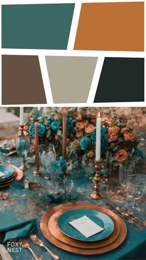 Teal Color Palette For Wedding Teal Color Palette Wedding, Teal And Copper Wedding, Copper Color Palette, Color Palette For Wedding, Copper Wedding Theme, Copper Colour Palette, Teal Wedding Theme, Dark Teal Weddings, Teal And Copper