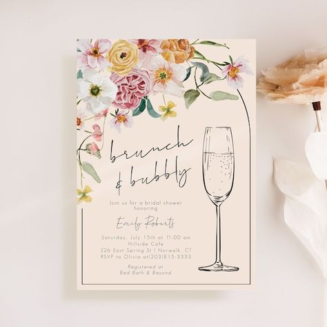 Mimosa Brunch Invitations, Love Is In Bloom Wedding, Brunch And Bubbly Bridal Shower Ideas, Brunch Invitations Template, Mimosa Party, Mimosas Brunch, Brunch And Bubbly Invitations, Mother's Day Event, Floral Brunch