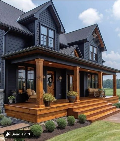 Blue House Colored Door, Front Porch On Brick House, Navy Blue House Exterior Black Trim, Black House Wood Accents, Green House Black Trim, Black And Cedar House Exterior, Farmhouse Porch Design, Farmhouse Porches, Craftsman Home Exterior