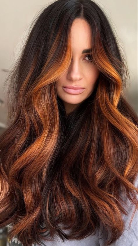 Trending Hair Colour 2024, Auburn Money Piece, Money Piece On Black Hair, Dimensional Black Hair, Black Hair Ideas, Hair Couler, Light Auburn Hair, Autumn Hair, Light Auburn