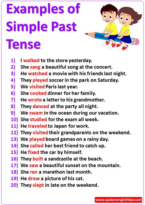 Hay| Are you really looking to write past tense sentences? I have shared this article for you on examples of simple past tense sentences with exercise and frequently asked questions that will be very helpful for you. In this blog post, we will provide 25 examples of past tense sentences to help you understand how ... Read more Has Have Had Sentences, Past Simple Examples, Past Simple Sentences, Simple Past Tense Sentences, Past Tense Sentences, Have Sentences, Verb Sentences, Past Tense Examples, Simple Tenses