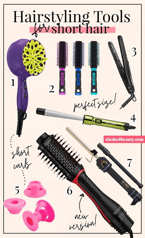 Hairstyling Tools for Short Hair | 7 Helpful Hair Tools to Style Short Hair ( & Under!) | Slashed Beauty Best Hair Tools For Short Hair, Tools For Short Hair Styling, Short Curly Hair Styling Tools, Best Hair Styling Tools For Fine Hair, Short Hair Products Styling, Short Hair Cuts Styling Tools, Hair Brush Dryer For Short Hair, Styling Pixie Cuts, Tapered Curling Wand