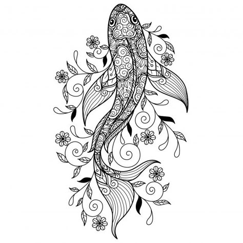 Koi fish. hand drawn sketch illustration... | Premium Vector #Freepik #vector #pattern #flower #books #water Koi Fish Zentangle, Koi Fish Coloring Pages, Fish Coloring, Zentangle Animals, Koi Fish Drawing, Drawn Fish, Doodle Art Flowers, Fish Coloring Page, Carpe Koi