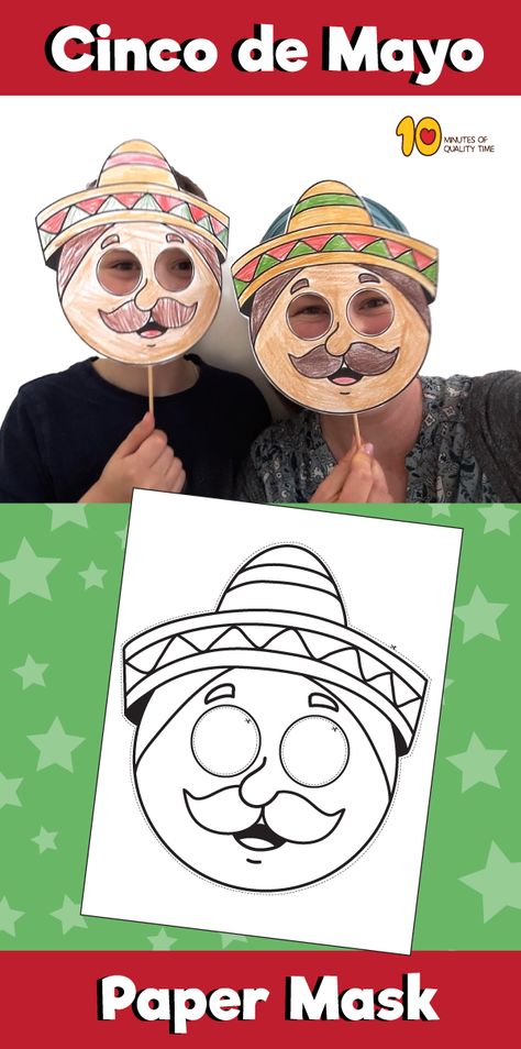 Cinco de Mayo - Paper Mask Paper Plate Masks, Snow White Coloring Pages, Emoji Coloring Pages, Paper Crown, Love Coloring Pages, Winter Kindergarten, Masks Crafts, Mexican Crafts, 5 De Mayo