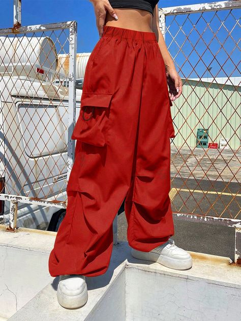 1pc Teen Girl Loose Flap Pocket Side Drawstring Outdoor Cargo Pants, Suitable For Spring/Summer/Autumn/Winter Red    Woven Fabric Plain Cargo Pants Slight Stretch Spring/Fall,Spring/Summer/Fall Teen Girls Clothing, size features are:Bust: ,Length: ,Sleeve Length: Red Cargo Pants, Long Suit Jacket, Spring Summer Autumn Winter, Winter Red, Estilo Hip Hop, Dark Jeans, Cosplay Dress, Black Party