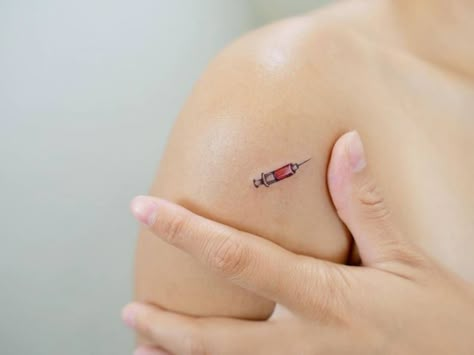 Syringe Tattoo, Crohns Tattoo, Emoji Tattoo, Community Tattoo, Medical Syringe, Stick Poke Tattoo, International Tattoo, Medical Tattoo, Nurse Tattoo