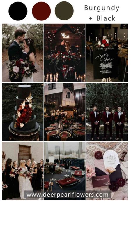 Cabernet And Black Wedding, Black And Burgundy Wedding Party, Black And Burgundy Wedding Theme, Wine And Black Wedding, Black And Maroon Wedding, Burgundy And Black Wedding, Moody Wedding Colors, Burgundy Wedding Theme, Blackberry Color