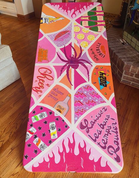 Halloween Pong Table, Homemade Beer Pong Table, Ping Table Ideas, College Pong Table, Beach Beer Pong, Frat Pong Table, Cup Pong Tables Painted, Ping Pong Table Painted, Pong Table Painted