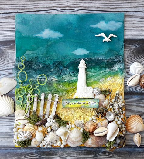 Let Your Heart Set Sail Mixed Media Canvas - Einat Kessler  I love how this painting is 3D and provides texture and feel which makes it more fun to look at. 3d Canvas Art, Deco Marine, Mixed Media Diy, Art Coquillage, Mixed Media Art Canvas, Sea Crafts, Painting Media, Seashell Art, Seashell Crafts