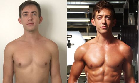 Glee's Kevin McHale shows off muscles as he goes from 140lbs to 133lbs in three months 12 Week Body Transformation, Chicken Thighs Dinner, Gay Rights Movement, Seven Pounds, Kevin Mchale, Dumbbell Press, Ariana Grande Songs, Split Squat, Hot Damn