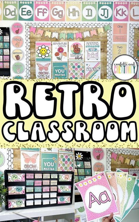 Brighten up your classroom with this fun and inviting Retro theme classroom bundle! The on-trend theme features a cheerful 5 color palette that brings a calming effect to your room while also giving it life and energy. This bundle features smiley faces, daisies, and cute retro fonts that will have you feeling groovy all year long! Retro theme classroom // Groovy classroom // Unique classroom themes // Fun classroom themes Fun Classroom Themes, Unique Classroom Themes, Retro Theme Classroom, 5 Color Palette, Tk Classroom, Retro Classroom Decor, Groovy Classroom, Retro Classroom, Classroom Goals