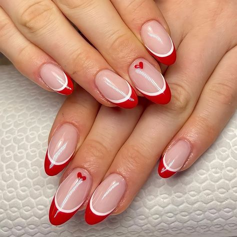 Experience timeless elegance with our Red Nails French Tip. Meticulously crafted with care, these custom handmade gel fake nails offer a classic and sophisticated look. Elevate your style effortlessly with the iconic French tip design in a bold red hue, perfect for any occasion where you want to make a statement. 📦 What comes with your press on nail kit? 10 nails of your size 24 adhesive tabs 1 nail file 1 cuticle stick Instructions on how to apply and remove them. Finding Your Size:Check out o Cute Nails Acrylic Red And White, Hoco Nails For A Red Dress, Christmas Acrylic Almond Nails, French Tip With Red Design, Red And Baby Blue Nails, Preppy Red Nails, Red And White Nails French Tip, Almond Nails Red And White, Red And White Tip Nails