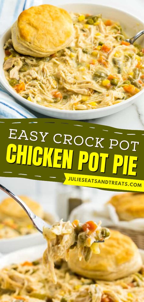 This Crock Pot Chicken Pot Pie is a simple dinner recipe loaded with juicy bites of chicken, and vegetables in a creamy sauce with a biscuit on top. This homemade chicken pot pie will be your new go-to comfort food! Chicken Pot Pie Recipe Crockpot, Slow Cooker Chicken Pot Pie, Chicken Potpie, Crockpot Chicken Pot Pie, Creamy Chicken Pot Pie, Chicken Pot Pie Filling, Homemade Chicken Pot Pie, Chicken Pot Pie Recipe, Chicken Pot Pie Soup