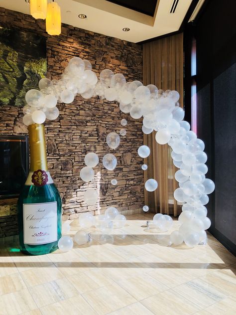 Champagne Balloon Bubbles Champagne Bottle Balloons, Champagne Bottle Balloon Arch, Champagne Backdrop, 30th Anniversary Parties, Champagne Balloons, Poppin Bottles, Events Planning, Pig Roast, Baby Shower Brunch