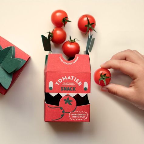 @meteorito_estudio's packaging design for Tomatier Snack. The studio turns a box of tomatoes into a fun and engaging experience with a… | Instagram Friendly Monster, Fruit And Veg, The Studio, A Box, Tomatoes, Packaging Design, Design Features, Packaging, Snacks