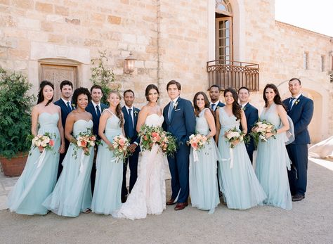 Read More: https://www.stylemepretty.com//www.stylemepretty.com/vault/image/4774851 Light Blue Bridesmaids, Navy Groomsmen Suits, Sky Blue Wedding, Navy Groomsmen, Blue Bridesmaids Dresses, Sky Blue Weddings, Villa Photography, Light Blue Bridesmaid Dresses, Sky Wedding