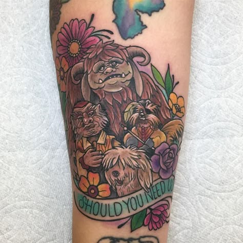 #mulpix “Shall you need us.” Labyrinth tattoo for Sinthia adding on to her fun arm ️ Thank you girl!  #youremindmeofthebabe #Labyrinth #ludo #sirdidymus #hoggle #ambrosius #forearmtattoo #wlba #missdtattoo Labyrinth Ludo, Labyrinth Tattoo, Forearm Flower Tattoo, Small Forearm Tattoos, Small Flower Tattoos, Small Wrist Tattoos, Cute Small Tattoos, Tattoos For Daughters, Sister Tattoos