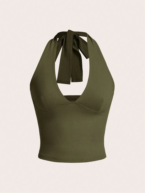 Neck-Tie V-Neck Solid Color Casual Sleeveless Top, Simple And Fashionable For Everyday Wear Army Green Casual   Knitted Fabric Plain Halter Medium Stretch  Women Clothing, size features are:Bust: ,Length: ,Sleeve Length: Modern Urban Style, Spring Outerwear, Minimalist Fashion Women, Running Waist Pack, Zebra Print Dress, Denim Shoulder Bags, Buckle Sandals, Messenger Bag Men, Plaid Fashion