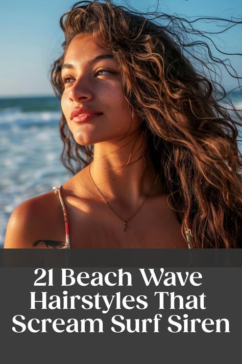 Woman with beach waves in her hair standing on the shore with text overlay: "21 Beach Wave Hairstyles That Scream Surf Siren". Wavy Beach Hairstyles, Beach Wave Hairstyles, Beach Wave Curls, Messy Beach Hair, Messy Beach Waves, Beach Waves Hair, Wave Curls, Wavy Beach Hair, Wave Hairstyles