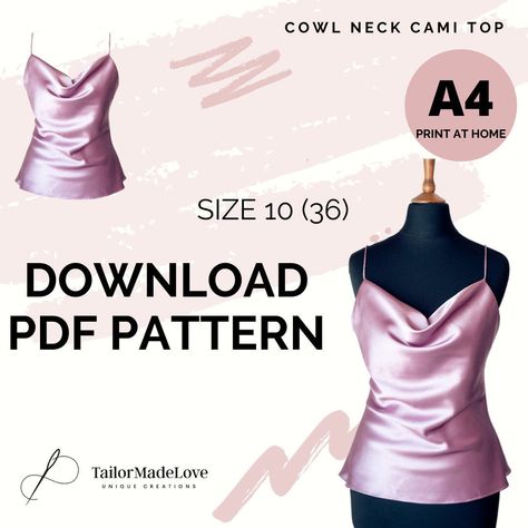 Camisole Top Pattern, Cami Top Pattern, Cowl Neck Dress Pattern, Camisole Pattern, How To Make Spaghetti, Cowl Neck Cami, Cowl Top, Spaghetti Top, Diy Skirt