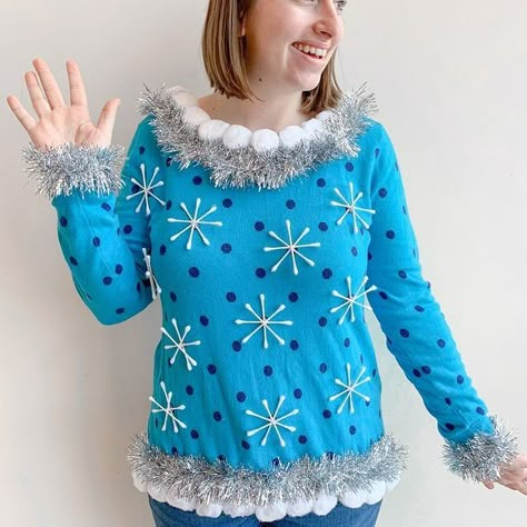 DIY Q-Tip Ugly Christmas Sweater Easy Ugly Christmas Sweater, Homemade Ugly Christmas Sweater, Ugly Christmas Sweater Diy Funny, Ugly Christmas Sweater Ideas, Ugly Christmas Sweater Outfit, Christmas Sweater Ideas, Diy Christmas Sweater, Christmas Sweater Outfits, Ugly Sweater Diy